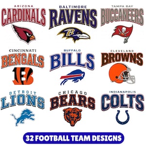Può includere: Una collezione di nove loghi e marchi di squadre di football NFL, tra cui Arizona Cardinals, Baltimore Ravens, Tampa Bay Buccaneers, Cincinnati Bengals, Buffalo Bills, Cleveland Browns, Detroit Lions, Chicago Bears e Indianapolis Colts.