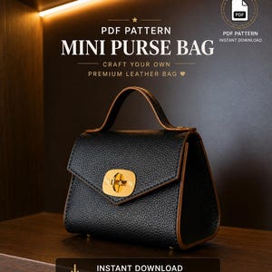 Puede incluir: Un mini bolso negro texturizado con bordes marrones y un cierre giratorio de metal dorado. La imagen incluye el texto: PDF PATTERN MINI PURSE BAG, CRAFT YOUR OWN PREMIUM LEATHER BAG, PDF PATTERN INSTANT DOWNLOAD, INSTANT DOWNLOAD.