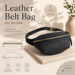 Puede incluir: Una riñonera de cuero negro con cremallera y hebilla doradas, presentada como patrón PDF. El texto dice Leather Belt Bag PDF PATTERN, Instant Download, A4/US Letter, Printable, Easy to Follow, Step-by-Step Instructions y Skill Level Beginner.