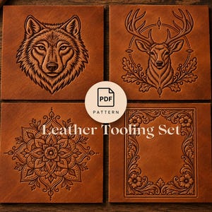 May include: Four square tan leather pieces featuring embossed designs: a wolf head, a deer head with antlers, a circular mandala pattern, and a rectangular floral border. A central circular label displays the text PDF PATTERN Leather Tooling Set.
