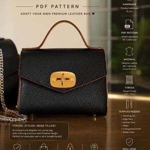 Peut inclure: Un mini sac à main en cuir noir avec une poignée et des bordures marron, doté d'un fermoir tournant en métal doré. L'image contient le texte : HANDMADE LEATHER MINI PURSE BAG PDF PATTERN, CRAFT YOUR OWN PREMIUM LEATHER BAG, et diverses icônes.