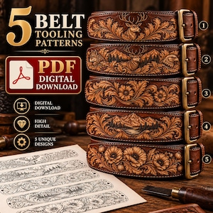 May include: A digital download PDF featuring 5 belt tooling patterns with intricate leather carvings. The designs include a deer, a mountain landscape with wildlife, floral motifs, a scenic lake, and poppies. Each pattern is numbered 1 through 5.