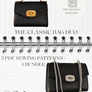 May include: A digital product listing for The Classic Bag Duo, featuring two black textured handbags with gold and silver hardware. The image includes text: PDF SEWING PATTERN, THE CLASSIC BAG DUO, 2 PDF SEWING PATTERNS, 1 BUNDLE, INSTANT DOWNLOAD, PRINT AT HOME, BEGINNER FRIENDLY.