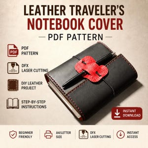 May include: A black leather traveler's notebook cover with red stitching and a textured red leather pen holder. The text reads LEATHER TRAVELER'S NOTEBOOK COVER PDF PATTERN, PDF PATTERN, DFX LASER CUTTING, DIY LEATHER PROJECT, STEP-BY-STEP INSTRUCTIONS, INSTANT DOWNLOAD, BEGINNER FRIENDLY, A4/LETTER SIZE, DFX LASER CUTTING, INSTANT ACCESS.