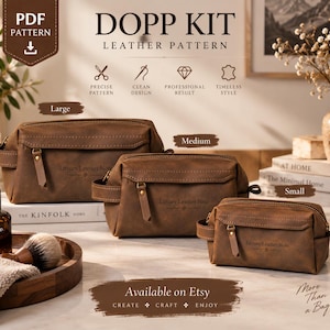Könnte beinhalten: Ein digitales PDF-Schnittmuster für eine braune Leder-Kulturtasche in drei Größen: groß, mittel und klein. Das Design umfasst ein Hauptfach mit Reißverschluss, einen Seitengriff und den Schriftzug Luxury Leather Note auf jeder Tasche.