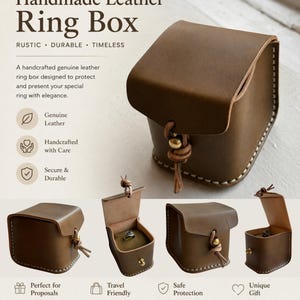 May include: A brown leather ring box featuring a flap closure with a brass stud and leather cord. The box is shown in multiple views, including closed and open with a ring inside. Text on the image reads Handmade Leather Ring Box.