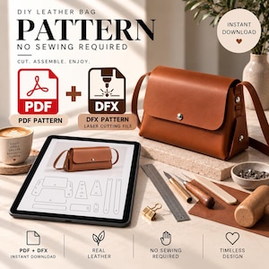 May include: A DIY leather bag pattern featuring PDF and DFX files for a brown leather shoulder bag. The image displays a tablet showing the bag design, a finished brown leather bag, a metal ruler, a craft knife, and a wooden mallet for assembly.