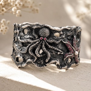 Sterling Silver Octopus Cuff Bracelet, Ruby Diamond Starfish Pearl, Oxidized Ocean Statement Jewelry