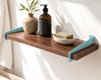 Schweberegal aus Walnussholz mit Stahlhalterungen, Massivholz-Wandregal, modernes minimalistisches Regalsystem