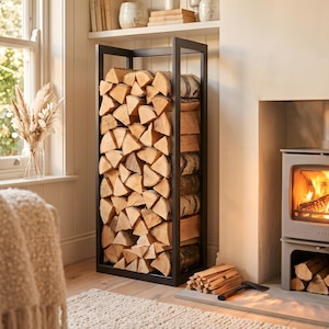 Peut inclure: Un grand porte-bûches rectangulaire en métal noir rempli de bois de chauffage fendu et empilé. Le support présente une structure ouverte minimaliste, contenant une grande quantité de morceaux de bois clair avec écorce sur les côtés.