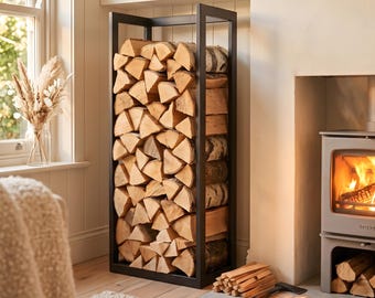 Brennholzregal für den Innenbereich, moderner Holzständer aus Stahl, hoher Kaminaufbewahrungsständer aus Metall