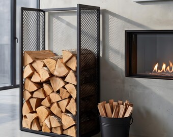Firewood Rack Indoor, Steel Mesh Log Holder, Tall Metal Fireplace Wood Storage