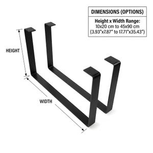 May include: Two black U-shaped metal furniture legs with flat mounting plates at the top. The image includes dimension labels for height and width, with a text box stating dimensions range from 10x20 cm to 45x90 cm (3.93"x7.87" to 17.71"x35.43").