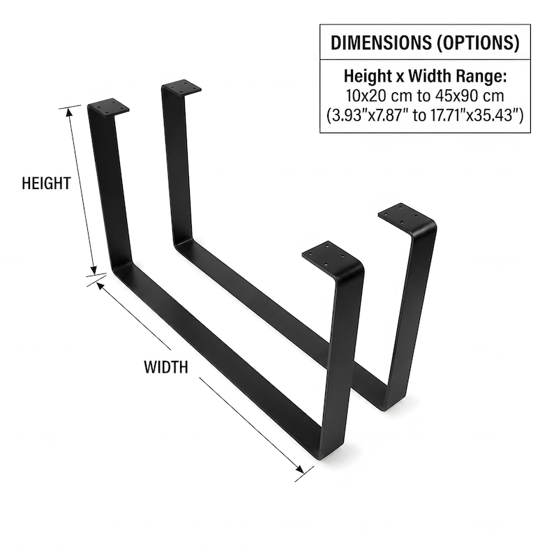 May include: Two black U-shaped metal furniture legs with flat mounting plates at the top. The image includes dimension labels for height and width, with a text box stating dimensions range from 10x20 cm to 45x90 cm (3.93"x7.87" to 17.71"x35.43").