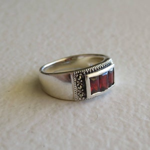 May include: A silver ring with three red gemstones and a band decorated with small black stones.