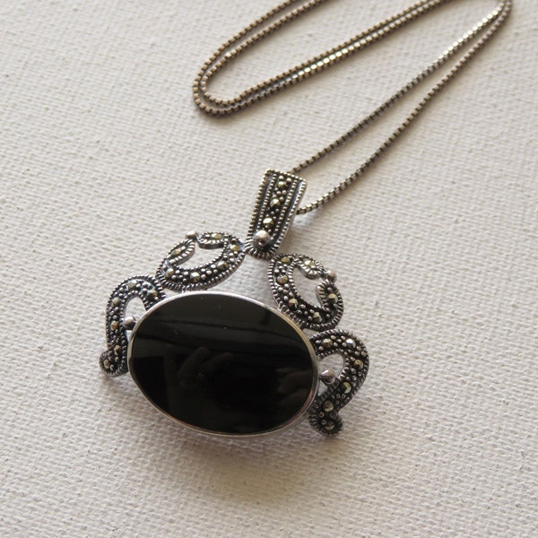 Vintage CFJ Thai 925 Silver Pendant Necklace with Art Deco Style Motifs, Marcasite Details and Bezel Set Oval Onyx, Chain Measures 18 Inches