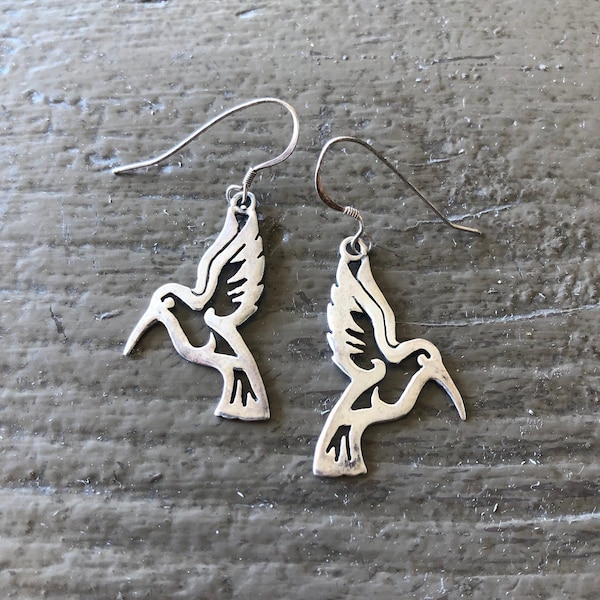 Vintage Navajo Sterling Silver Hummingbird Earrings, Signed GS by Glen Sandoval, Full Length 1 3/4 Inches