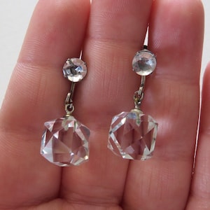 Art Deco Sterling Silver Rock Crystal Quartz Screw Back Earrings, Full Length 1 1/4 Inches