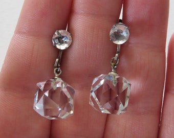 Art Deco Sterling Silver Rock Crystal Quartz Screw Back Earrings, Full Length 1 1/4 Inches