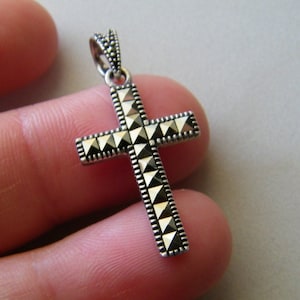 Vintage Sterling Silver 925 Cross Pendant Detailed with Marcasite Stones, 1 3/8 Inches