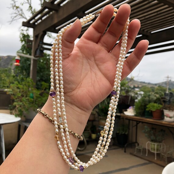 Triple Strand 14K Gold and Cultured Pearls, Multi Gemstone Beaded