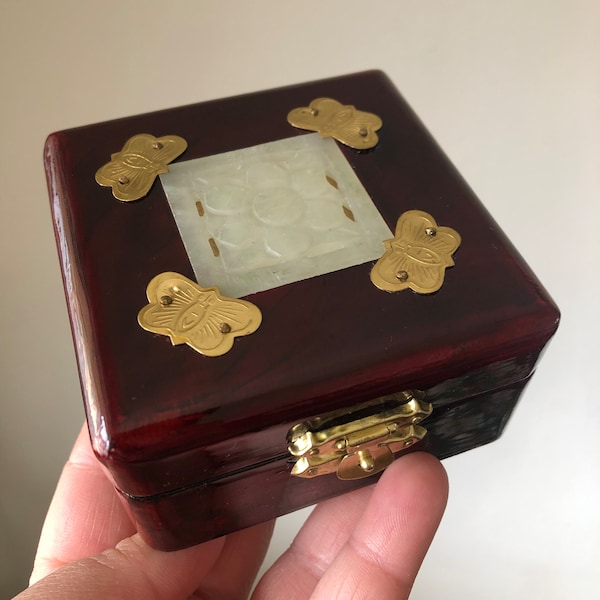 Collectible Chinese Oriental Cherry Wood Lacquered Jewelry Trinket Box with Carved Imitation Jade Floral and Butterfly Gold Foil Details