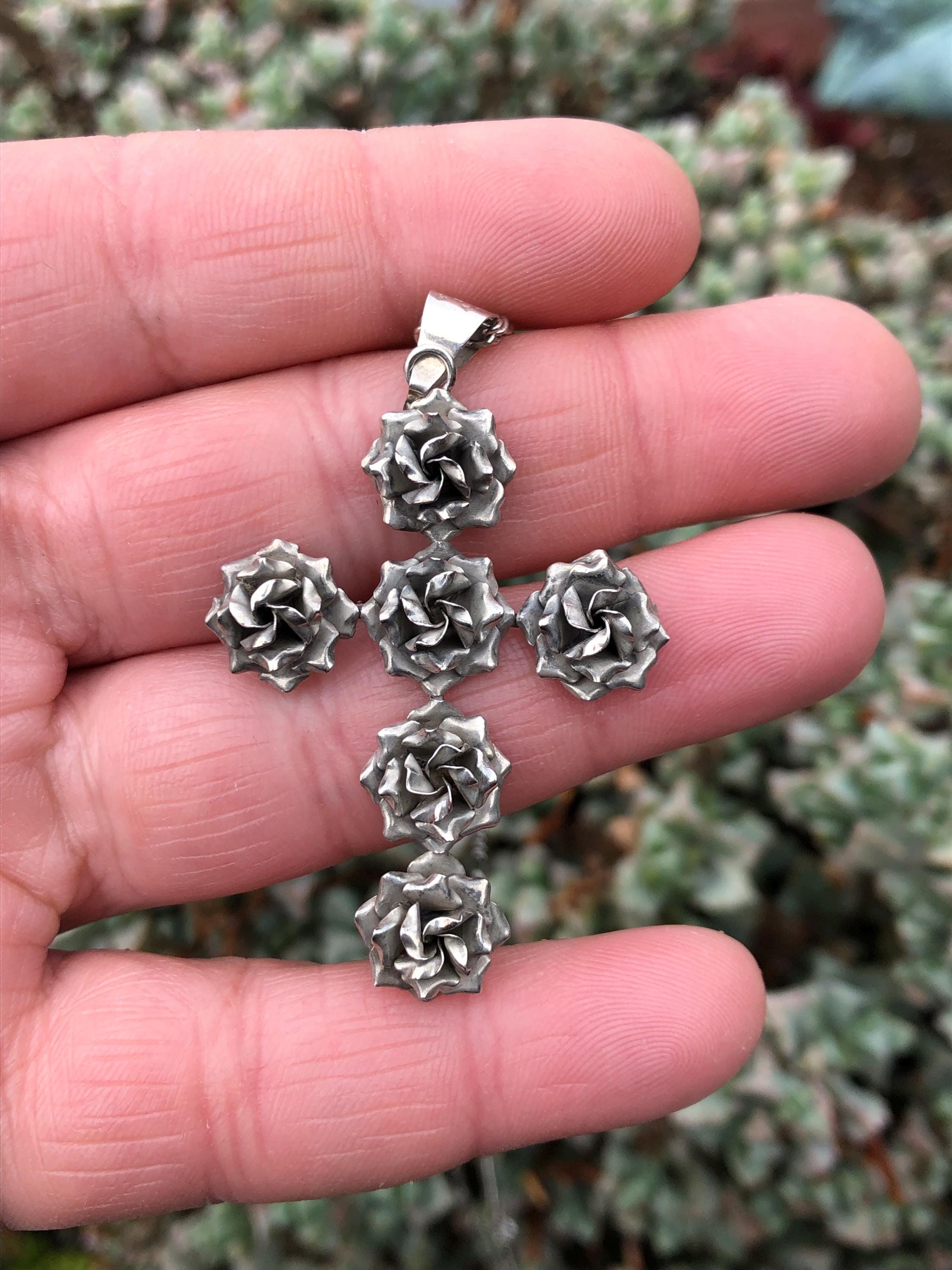 Vintage Taxco Mexico Large Sterling Silver Cross and Roses Deco Style ...