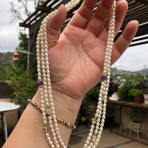 Triple Strand 14K Gold and Cultured Pearls, Multi Gemstone Beaded Necklace, Amethyst, Citrine, and Spinel, Measures 20 Inches, Vintage Gift