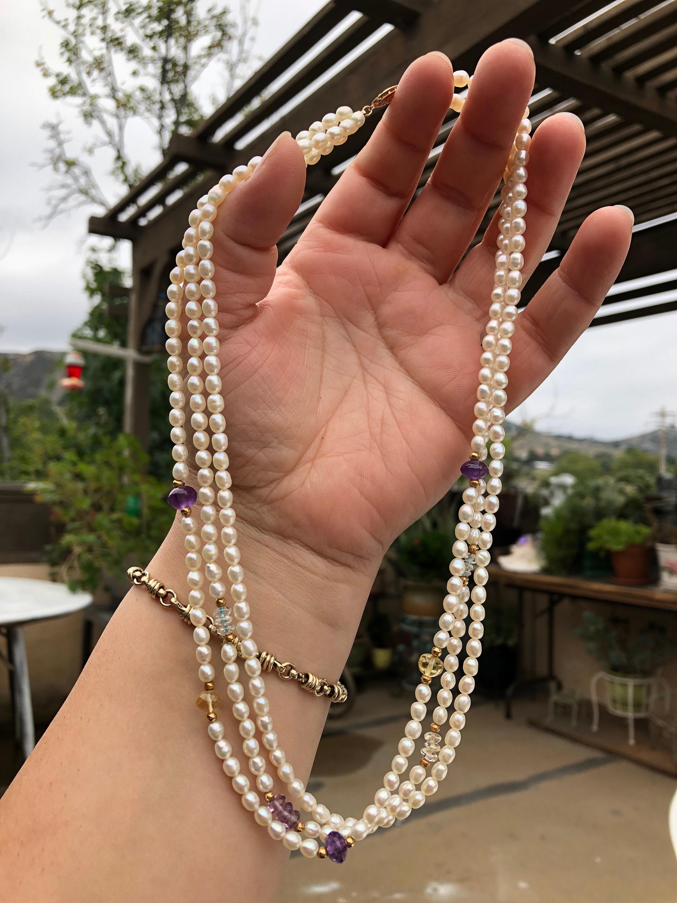 Triple Strand 14K Gold and Cultured Pearls, Multi Gemstone Beaded