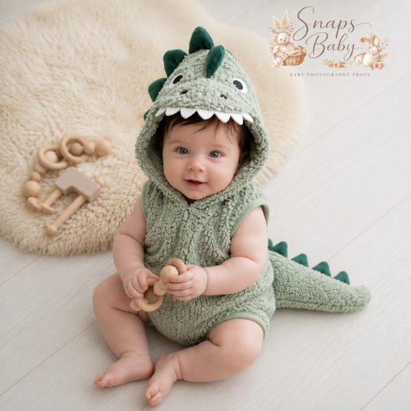Baby Dinosaur Costume Romper, Hooded Infant Dino Outfit, Photography Prop