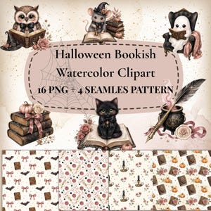 Könnte beinhalten: Eine digitale Sammlung von Halloween Bookish Aquarell-Cliparts mit Eule, Maus, Geist und schwarzer Katze, Büchern, Kürbissen und einem Kessel. Der Text lautet Halloween Bookish Watercolor Clipart 16 PNG + 4 SEAMLES PATTERN.