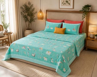 Turquoise Cotton Bedsheet, 92x102 Inch, Kids Bedding Set, Printed Bed Sheet, 2 Pillow Covers, Colorful Bedroom Decor
