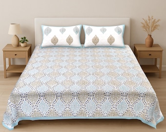 Set di lenzuola con stampa floreale a blocchi, biancheria da letto in cotone bianco, lenzuolo piatto indiano con federe, copriletto matrimoniale/king size, regalo fatto a mano