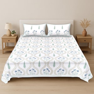 Indian Hand Block Print Bedsheet – 100% Cotton Floral Bedding – Queen / King Flat Sheet – Handmade Jaipur Bedspread – Boho Home Decor
