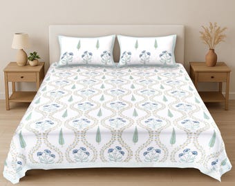 Beddengoed met Indiase handblokprint – 100% katoenen beddengoed met bloemen – laken koningin/koningin – Handgemaakte Jaipur-sprei – Boho woondecoratie
