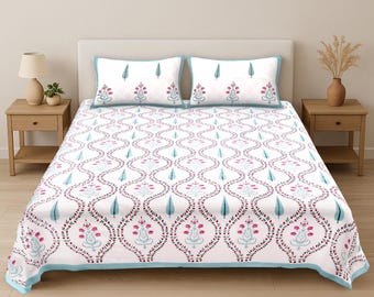 Hand Block Print Bedsheet, Indian Cotton Bedsheet, Floral Block Print Bedding, Queen King Flat Sheet, Jaipur Handmade Bedspread
