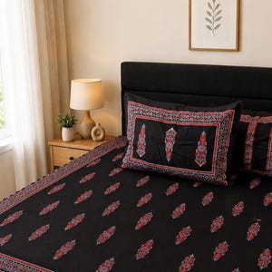 Black Cotton Bedsheet Set | King Size Flat Sheet with 2 Pillow Covers | Traditional Indian Floral Bedding | Soft Cotton Home Decor Gift