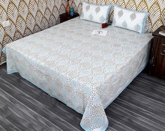 Boho Floral Block Print Bedsheet – Handmade Indian Cotton Flat Sheet – Jaipur Hand Block Bedding – Queen King Bedspread