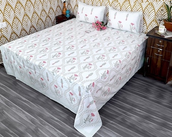 Indian Hand Block Print Bedsheet – 100% Cotton Floral Bedding – Queen / King Flat Sheet – Handmade Jaipur Bedspread – Boho Home Decor