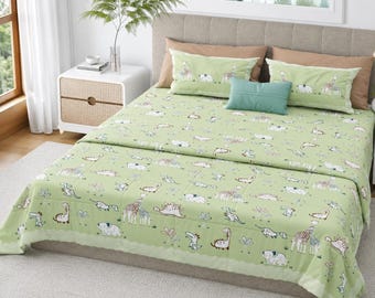 Sábana de algodón con estampado animal verde, 92 x 102 pulgadas, ropa de cama de safari de dinosaurios, sábana para habitación infantil, 2 fundas de almohada, ropa de cama con lindos animales