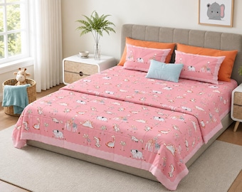 Pink Animal Print Cotton Bedsheet Set, King Size 92x102, Kids Safari Bedding, 2 Pillow Covers, Cute Dinosaur Giraffe Bedding