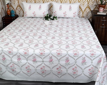 Indisches Hand Block Print Bettlaken - 100% Baumwolle Floral Bettwäsche - Queen / King Flaches Bettlaken - Handgemachte Jaipur Tagesdecke - Boho Wohndekor