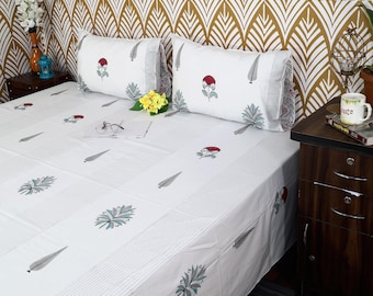 Beddengoed met boho-bloemenblokprint – Handgemaakt laken van Indiaas katoen – Jaipur-handblokbeddengoed – Queen-kingsize sprei