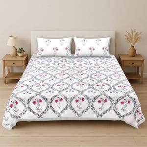 Hand Block Print Bedsheet Set, Cotton Floral Bedspread with Pillow Covers, Indian Jaipur Bedding, Queen King Flat Sheet, Boho Home Decor