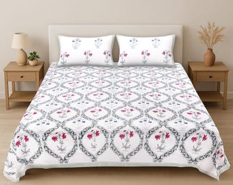 Hand Block Print Bedsheet Set, Cotton Floral Bedspread with Pillow Covers, Indian Jaipur Bedding, Queen King Flat Sheet, Boho Home Decor