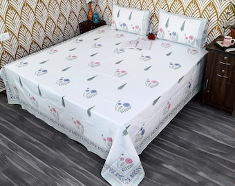 Sábana estampada a mano con motivos florales, juego de sábanas planas de algodón con fundas de almohada, ropa de cama hecha a mano, elegante colcha estilo boho, tamaño Queen/King.