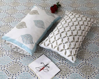 Hand Block Printed Cotton Bed Sheet Set: Blue Grey Floral Motifs (108x108 Inches)