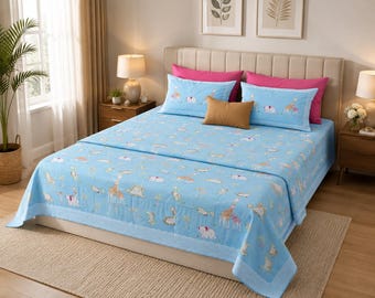Light Blue Cotton Bedsheet, 92x102 Inch, Printed Bedding Set, Kids Room Decor, 2 Pillow Covers, Soft Bedroom Sheet