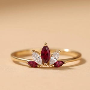 Unique Marquise Cut Ruby Engagement Ring, 5 Stone Ring, Ruby Stackable Anniversary Ring, Minimalist Proposal Crown Ring in 18K Gold