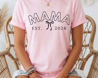 Custom Mama Shirt EST Year, Personalized Mom Tee, Baby Announcement, Coquette Bow Design